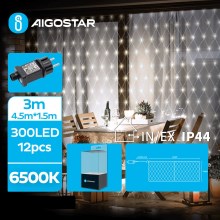 Aigostar- LED Karácsonyi kültéri lánc 300xLED/8 funkció 7,5x1,5m IP44 hideg fehér