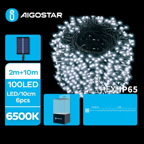 Aigostar - LED Napelemes karácsonyi lánc 100xLED/8 funkció 12m IP65 hideg fehér