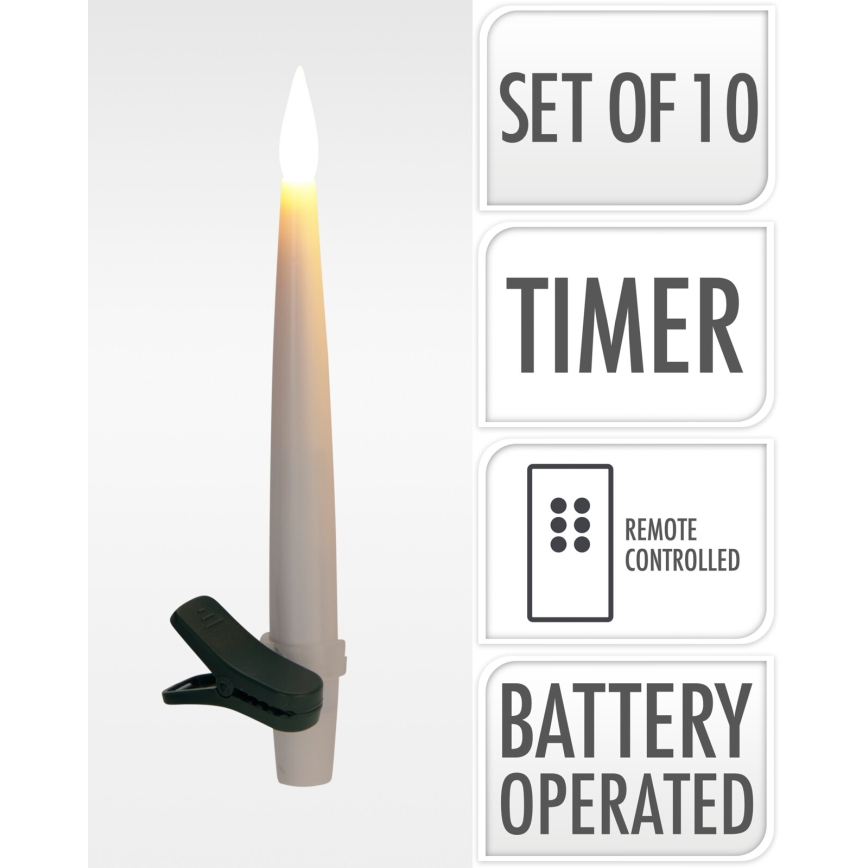 10 db-os szett, fényerőszabályozható karácsonyi LED dekoráció LED/1xAAA, 15 cm meleg fehér gyertya + távirányító