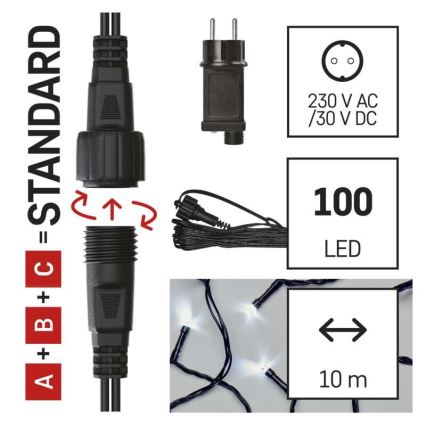 100 LED-es kültéri fényfüzér, 15 m, IP44, hideg fehér
