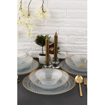 12 darabos étkészlet – átlátszó üveg, arany részletekkel