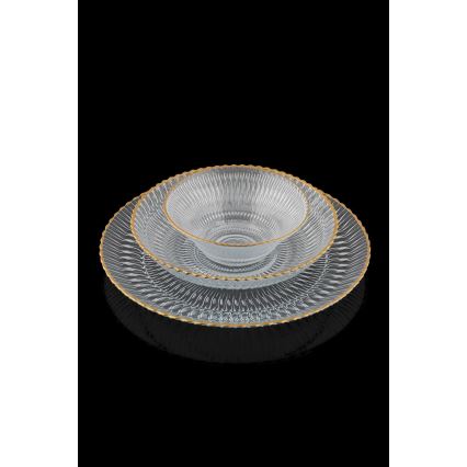 12 darabos étkészlet – átlátszó üveg, arany részletekkel