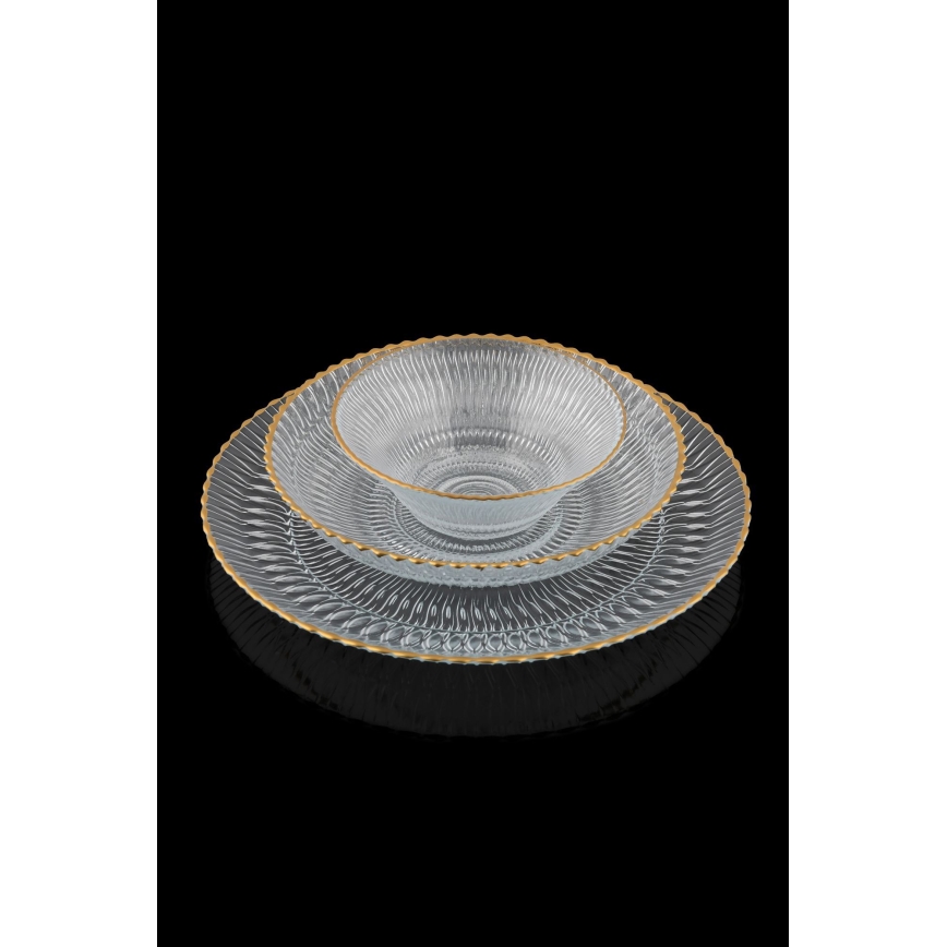 12 darabos étkészlet – átlátszó üveg, arany részletekkel