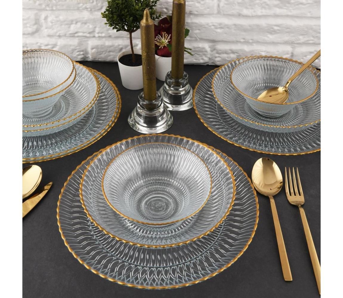12 darabos étkészlet – átlátszó üveg, arany részletekkel 330SBL1101