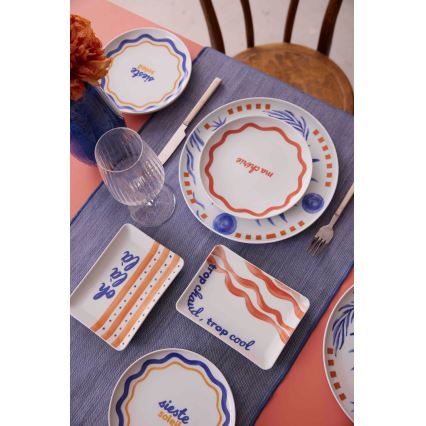 12 darabos porcelán étkészlet — piros/kék/fehér