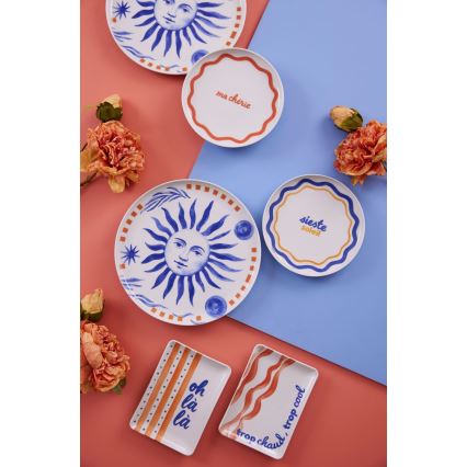 12 darabos porcelán étkészlet — piros/kék/fehér