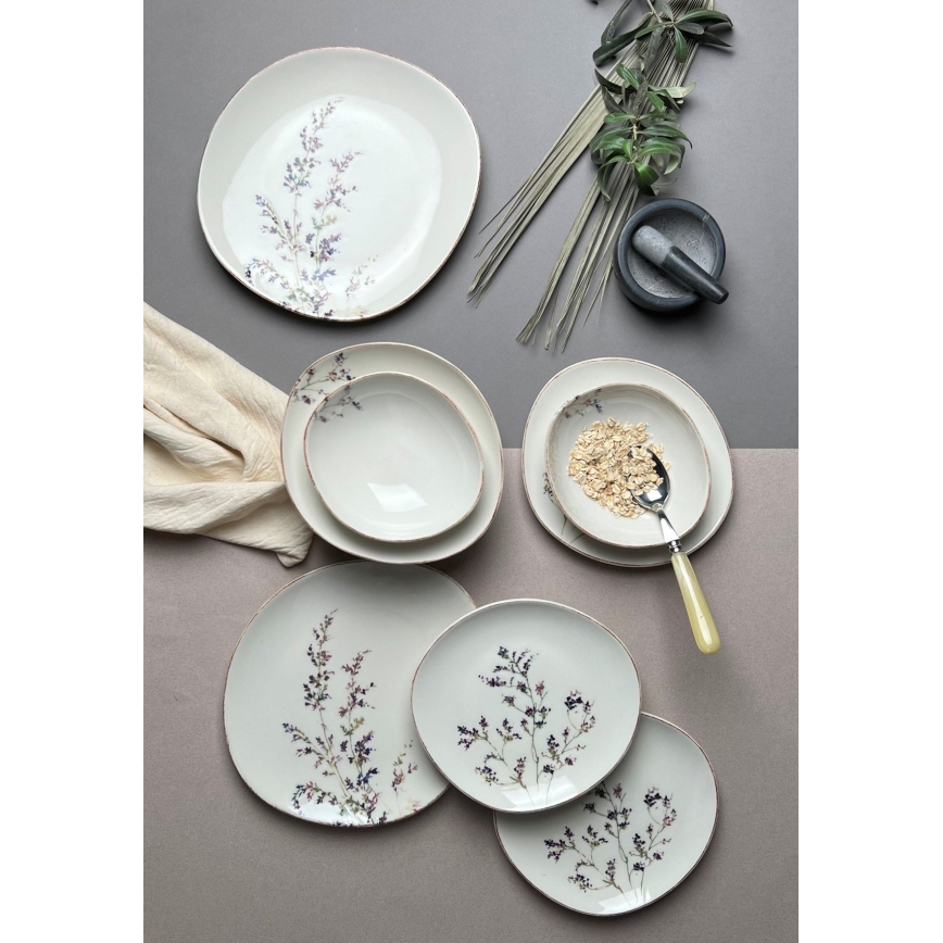 12 db porcelán étkészlet fehér/lila