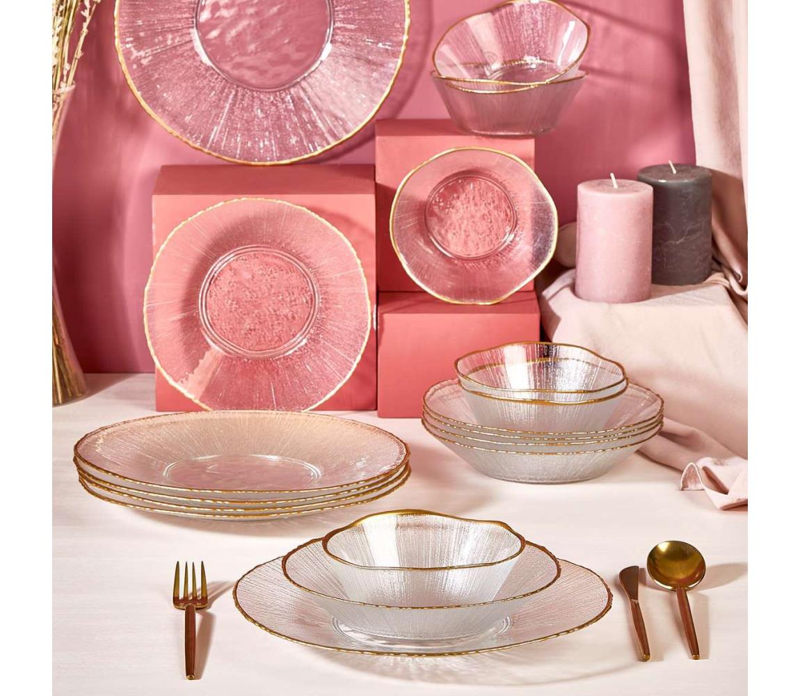 18 darabos étkészlet átlátszó/arany/üveg 337GLZ1127