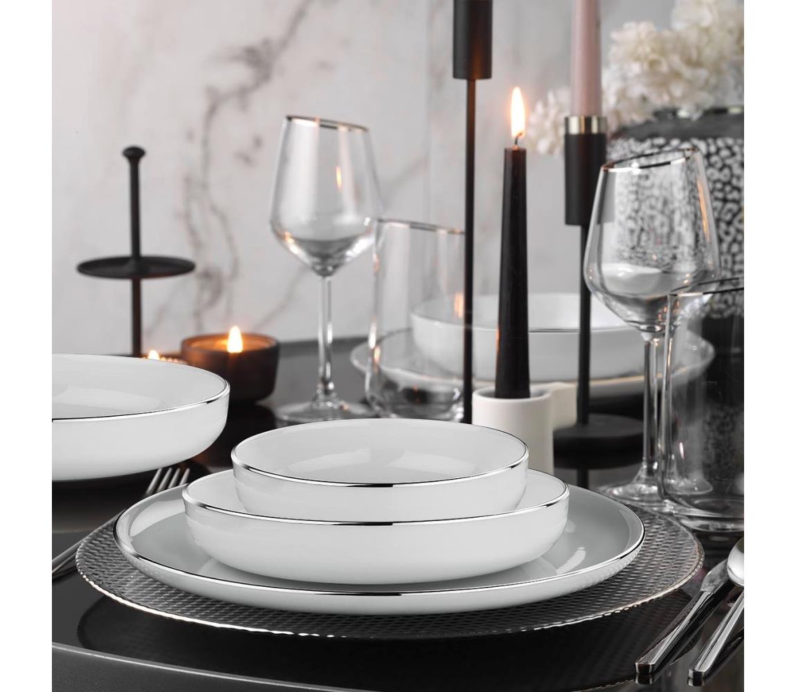 18 részes porcelán étkészlet, fehér/ezüstszínű 719KTP9785