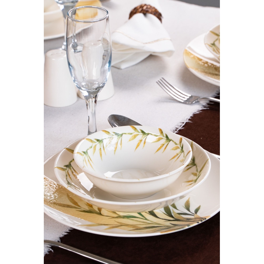 18 részes porcelán étkészlet fehér/zöld/sárga