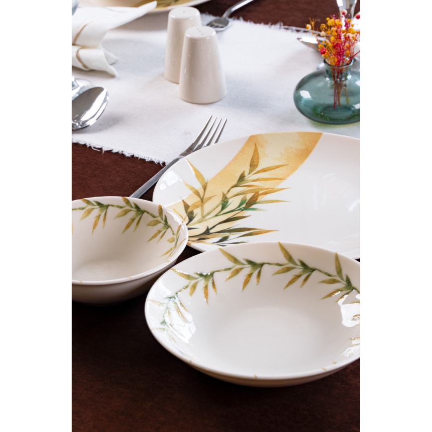 18 részes porcelán étkészlet fehér/zöld/sárga