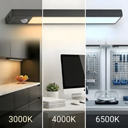 2 db-os szett tölthető LED bútorvilágítás mozgás- és alkonyérzékelővel VIRO LED/1,2W/3,7V 800 mAh 3000/4000/6500K 30 cm fekete