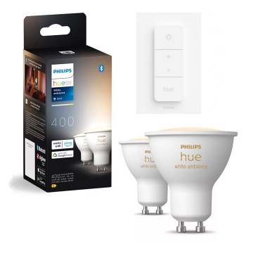2 db-os Philips Hue WHITE AMBIANCE GU10 dimmelhető LED izzó 4,2W/230V 2200-6500K + fényerőszabályzó