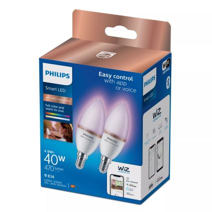 Philips SMART C37 E14 RGB LED izzó szett (2 db), fényerőszabályozható, 4,9W, 230V, 2200-6500K, CRI 90