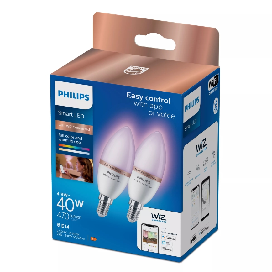 Philips SMART C37 E14 RGB LED izzó szett (2 db), fényerőszabályozható, 4,9W, 230V, 2200-6500K, CRI 90