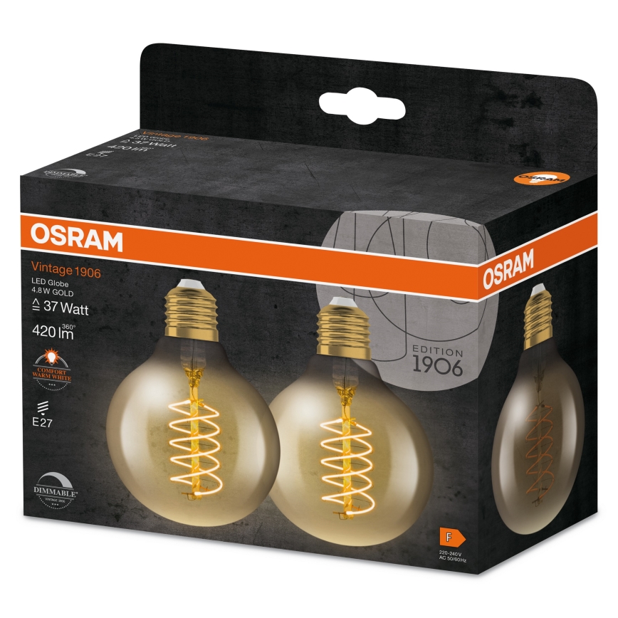 2 db-os szett, fényerőszabályozható VINTAGE FILAMENT LED izzó, E27, 4,8W, 230V, 2200K - Osram