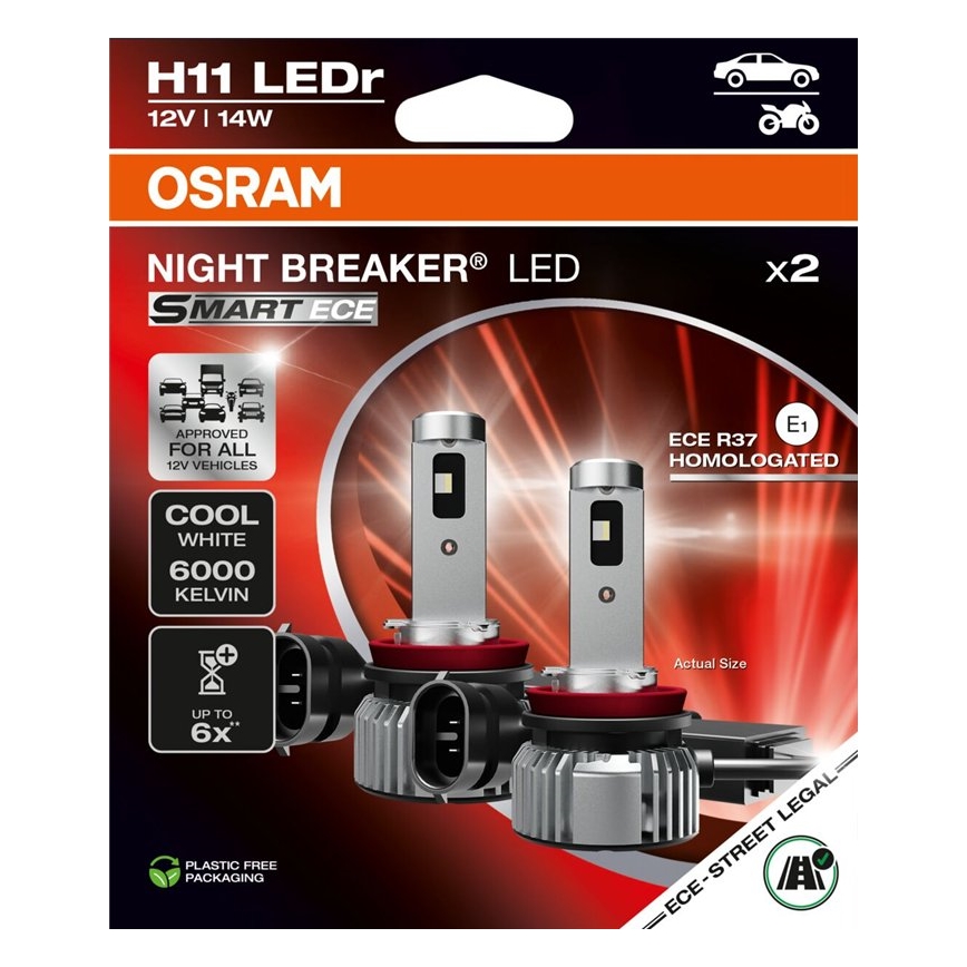 2 db-os szett: NIGHT BREAKER SMART H11 LED autóizzó PGJ19-2/14W/12V 6000K - Osram
