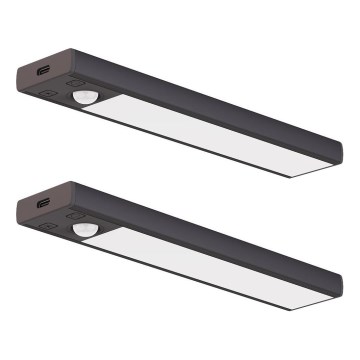 2 db-os szett VIRO tölthető LED bútori világítás mozgás- és alkonyatérzékelővel, LED 1 W, 3,7 V, 800 mAh, 3000/4000/6500 K, 20 cm, fekete