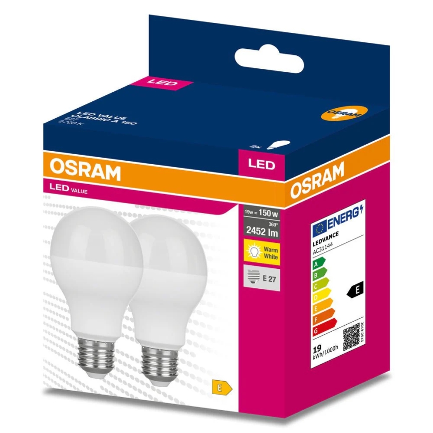 2 db VALUE CLASSIC LED izzó (E27, 19 W, 230 V, 2700 K) - Osram