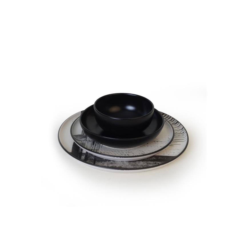 24 darabos étkészlet fehér/fekete/kőedény