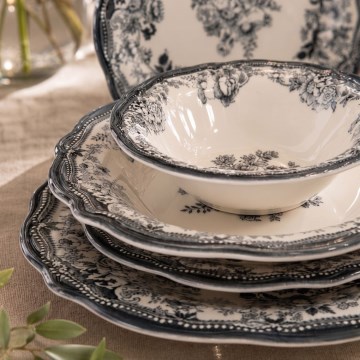 24 darabos étkészlet, fehér/fekete, porcelán
