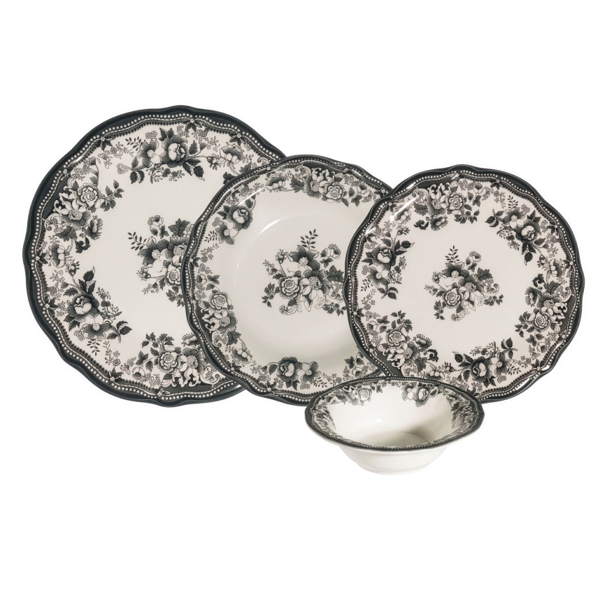 24 darabos étkészlet, fehér/fekete, porcelán