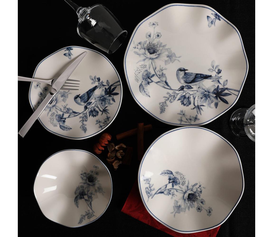 24 darabos étkészlet, fehér/kék, porcelán 387GRP1258
