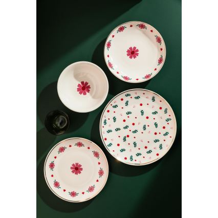 24 darabos porcelán étkészlet, fehér/piros/zöld