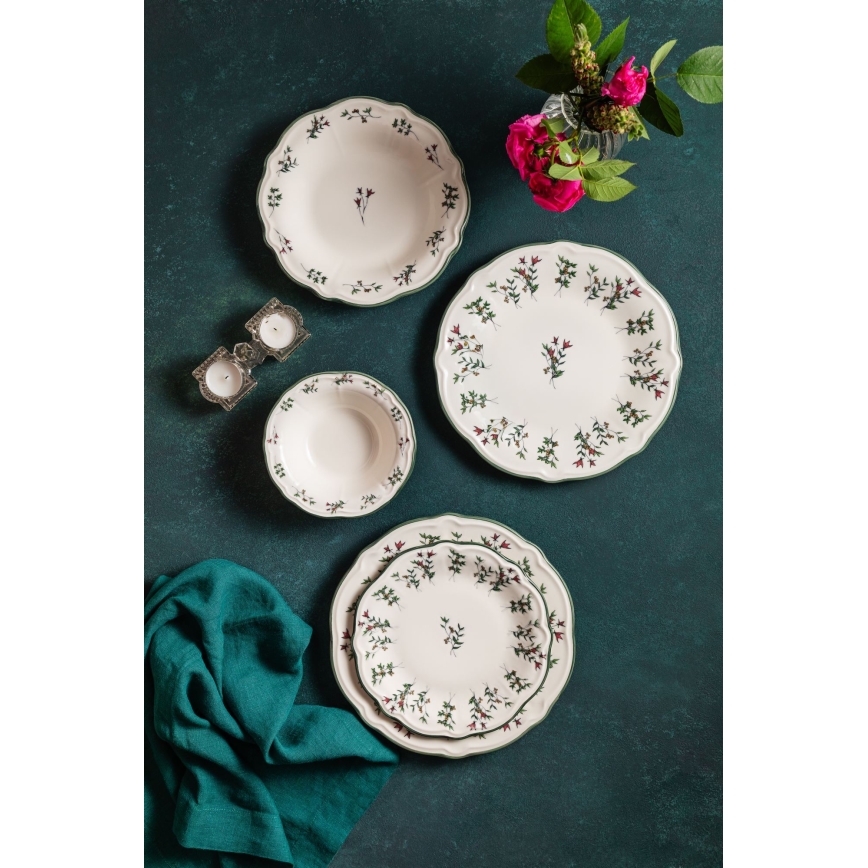 24 darabos porcelán étkészlet, fehér/zöld/piros
