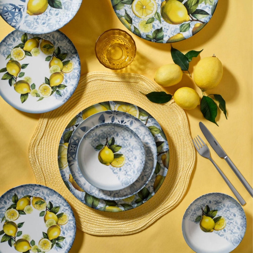 24 darabos porcelán étkészlet kék/sárga/zöld
