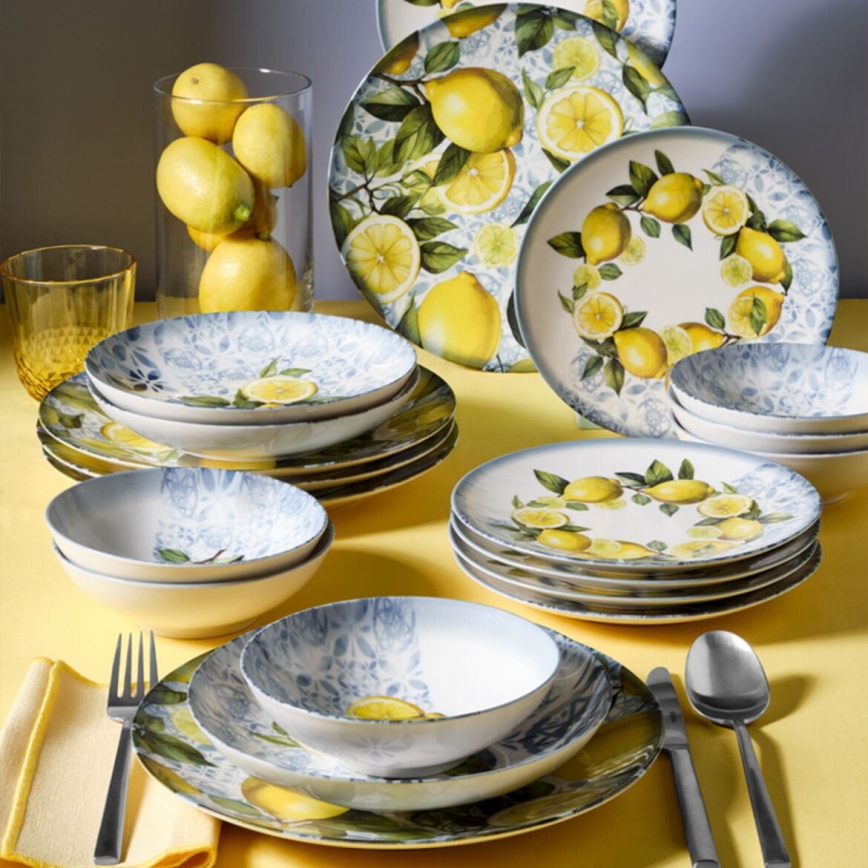 24 darabos porcelán étkészlet kék/sárga/zöld