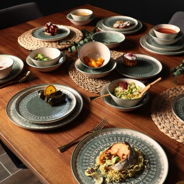 24 részes étkészlet bézs/zöld/kőkerámia