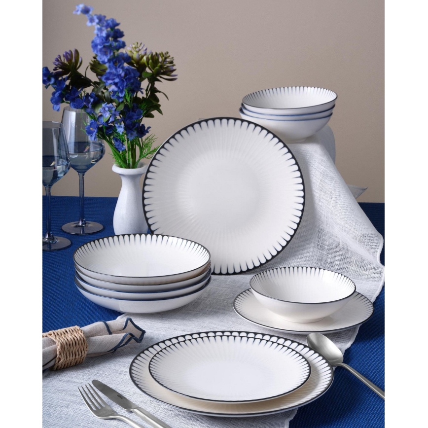 24 részes étkészlet, fehér/fekete, porcelán