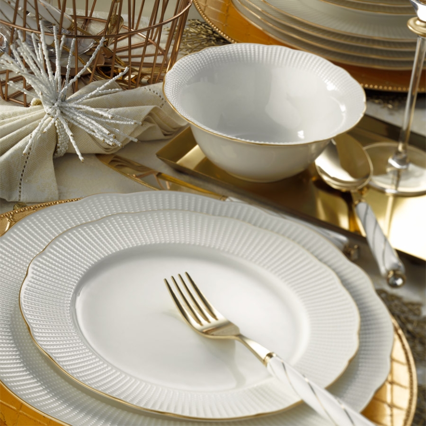 24 részes porcelán étkészlet, fehér/arany