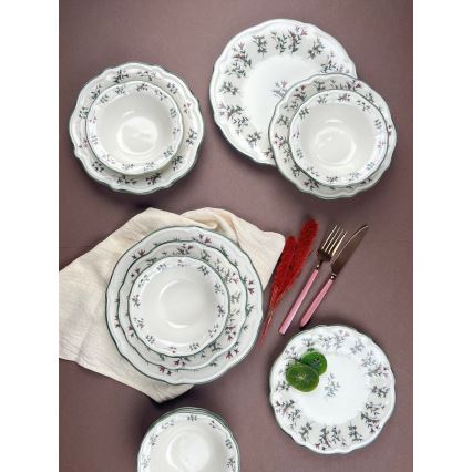 24 részes porcelán étkészlet, fehér/zöld