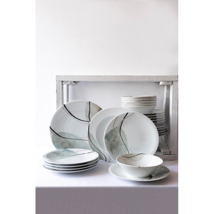 24 részes porcelán étkészlet, szürke/zöld
