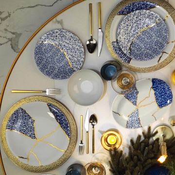 28 darabos porcelán étkészlet – fehér/arany/kék