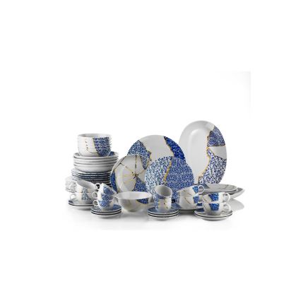 28 darabos porcelán étkészlet – fehér/arany/kék