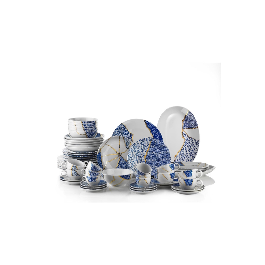 28 darabos porcelán étkészlet – fehér/arany/kék