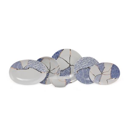 28 darabos porcelán étkészlet – fehér/arany/kék