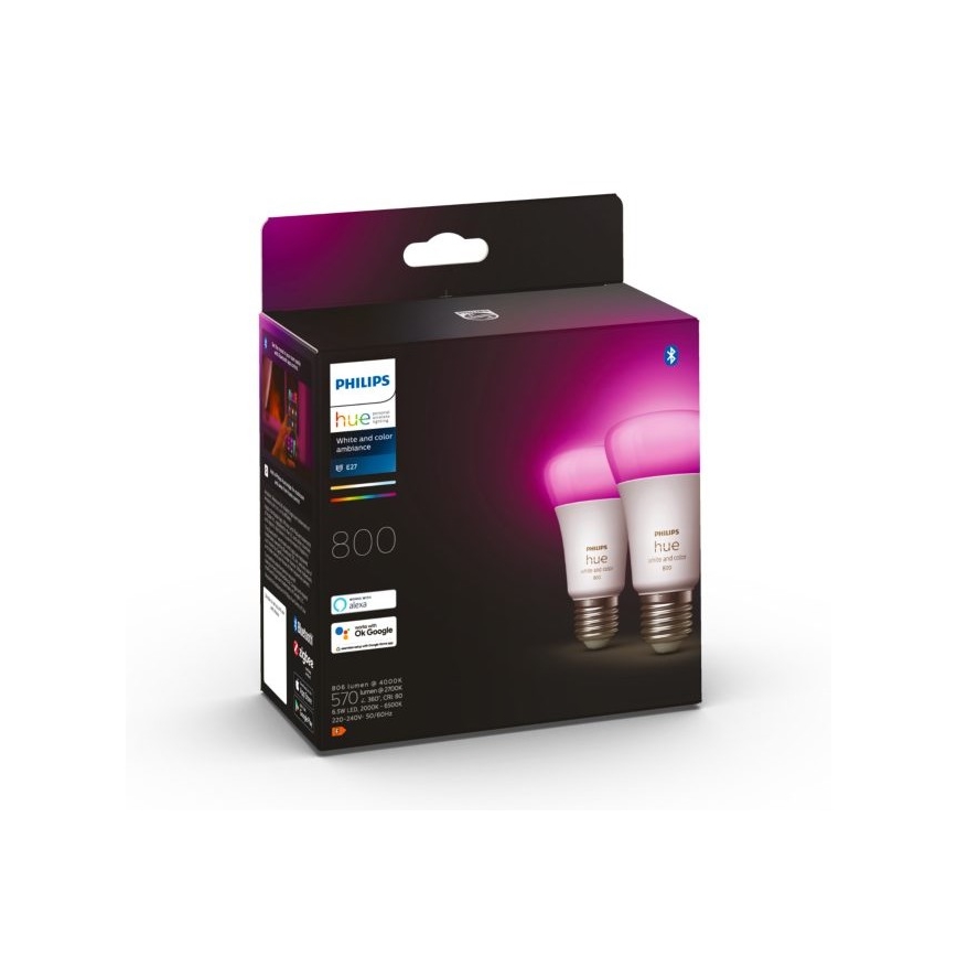 SZET 2x Philips Hue White and Color Ambiance A60 E27/6,5W/230V 2000-6500K LED dimmelhető izzó