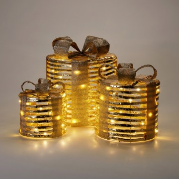 3 darabos LED karácsonyi dísz szett 20xLED/2xAA + 30xLED/3xAA + 40xLED/3xAA meleg fehér ajándékok/arany