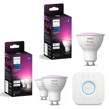 3 darabos Philips Hue White and Color Ambiance dimmelhető RGBW LED GU10 izzó, 4,2W/230V 2000–6500K + Hue Bridge