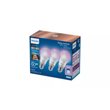 3 darabos szett Philips SMART A60 E27 LED RGB dimmelhető izzó 8,8W/230V 2200-6500K