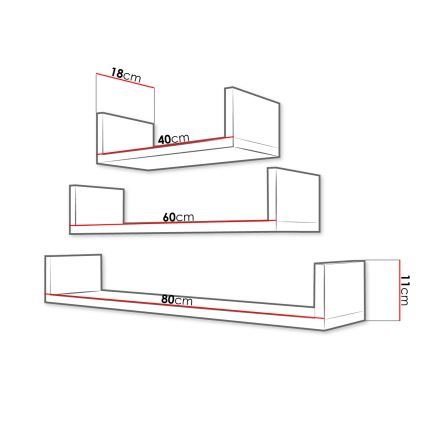 3 darabos TRIO fali polc szett — 11 × 40/60/80 cm, kasmír