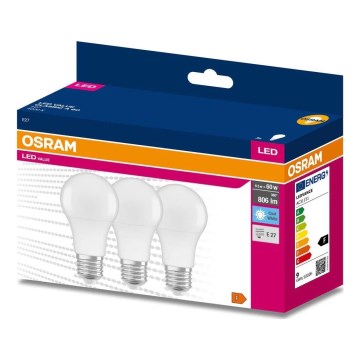 3 db-os LED izzó szett A60 E27/8,5W/230V 6500K - Osram