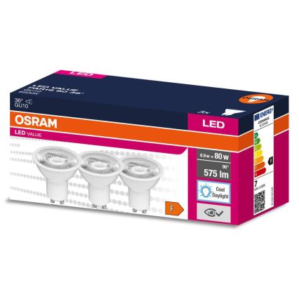 3 db-os LED reflektorizzó készlet PAR16 GU10/6,9W/230V 6500K 36° - Osram