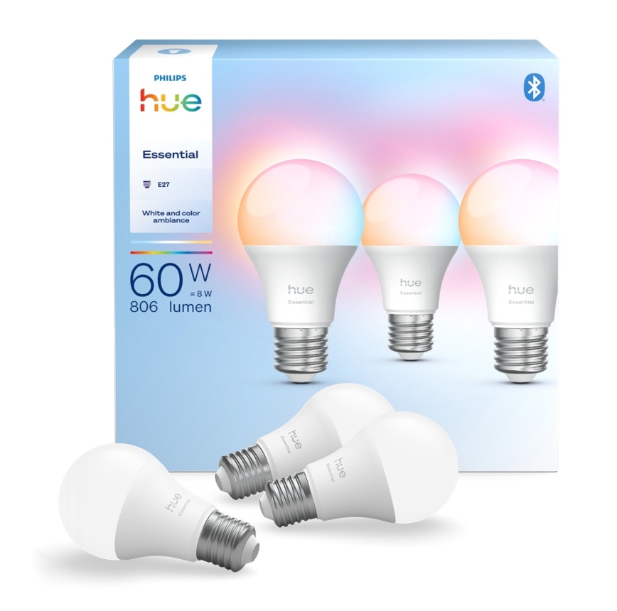 3 db Philips Hue White And Color Ambiance Essential E27/8W/230V LED izzó, dimmelhető, 2200-6500K