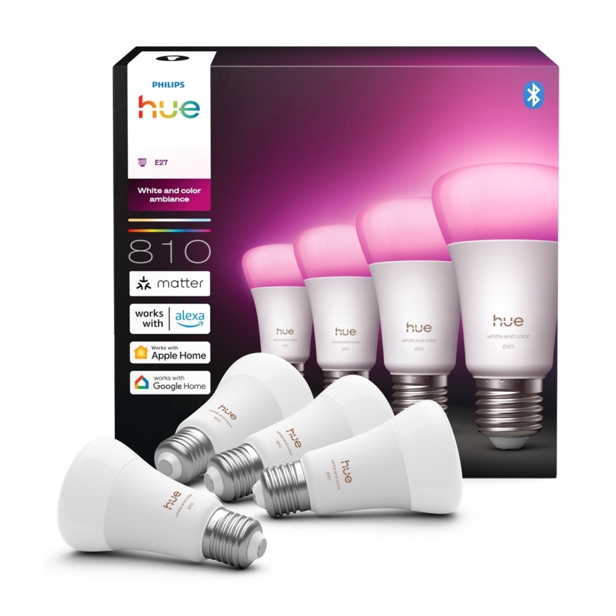 4 darabos csomag: dimmelhető Philips Hue WHITE AND COLOR AMBIANCE LED izzó E27/6W/230V 1000-20000K