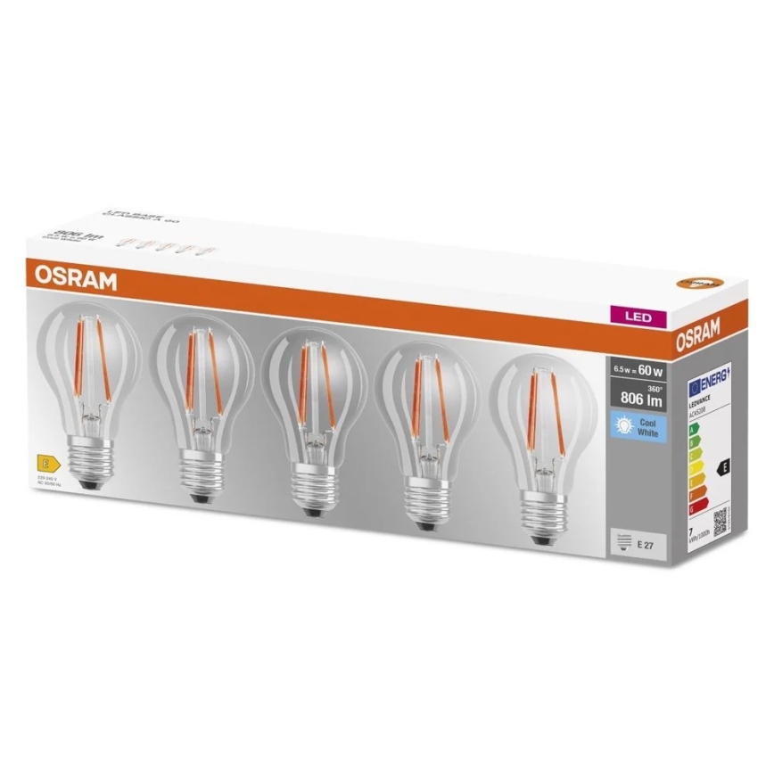 5 darabos LED-izzó készlet BASE CLASSIC FILAMENT A60 E27/7W/230V 4000K - Osram